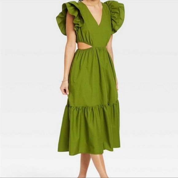 a new day Dresses & Skirts - a new day Olive Green Ruffle Sleeve Midi Dress